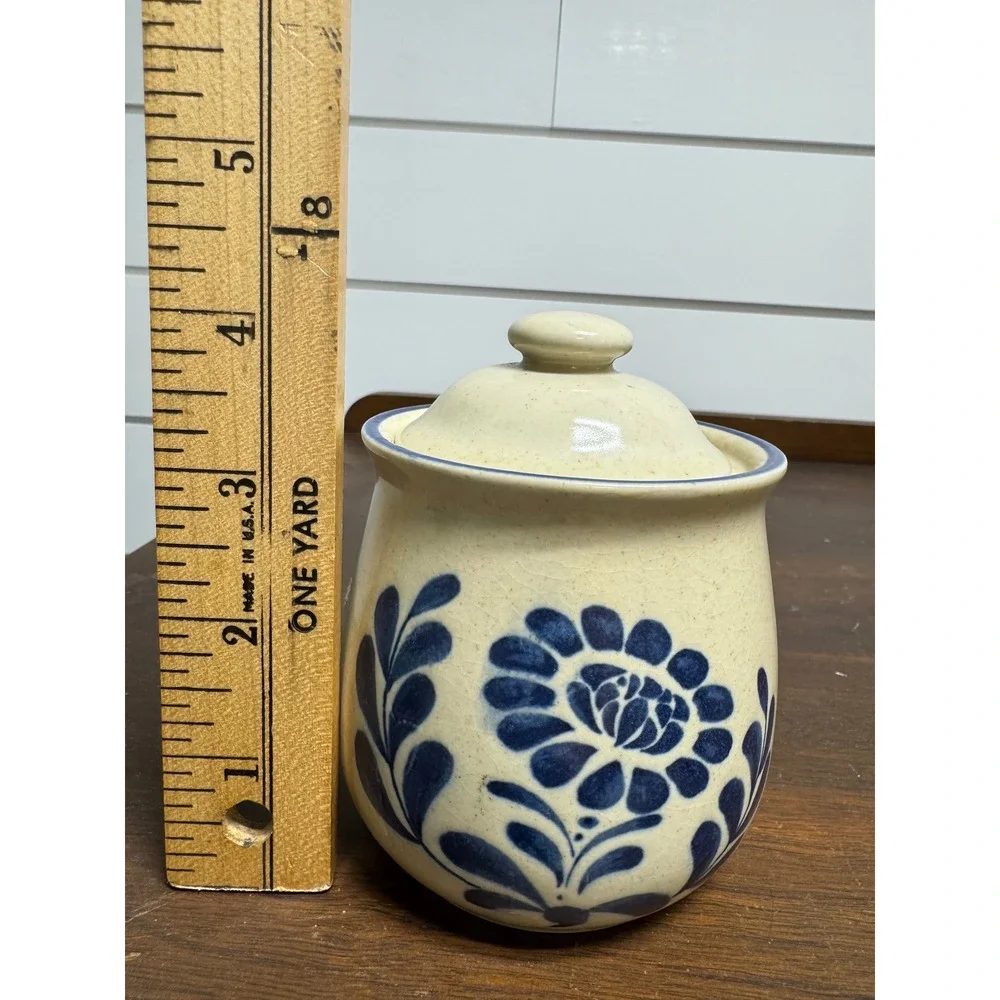Vintage Hand Painted Blue Floral Stoneware Jam Jar Sugar Bowl with Lid Cream